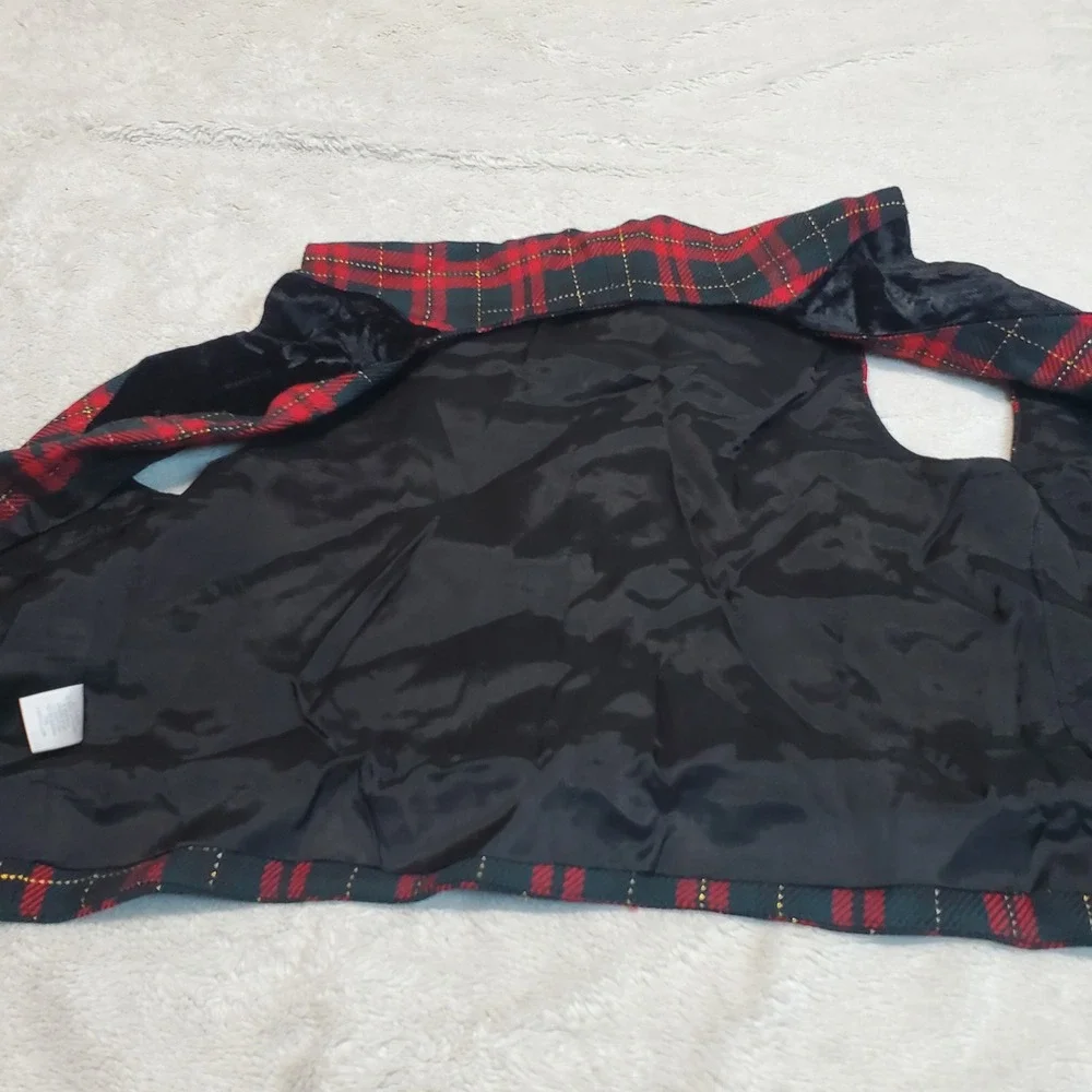 Vintage‎ Talbots Red Green Tartan Plaid Black Velvet Wool Vest 4 Retro Classic